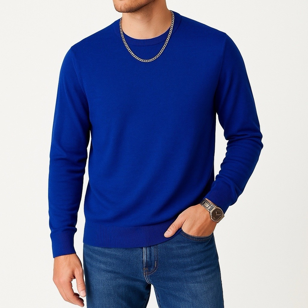 Goodthreads Sweater Men's Size Medium 100% Merino Wool Navy Blue Crew V‎ Neck